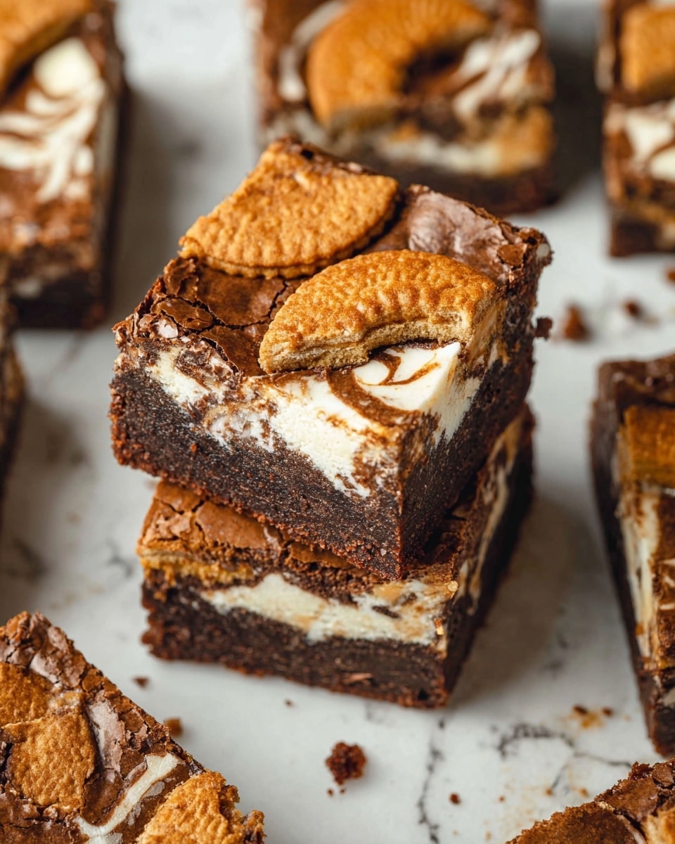 The image shows several square dessert bars with three visible layers: a bottom dark brown, dense chocolate layer, a middle layer made of creamy white and light brown swirls resembling peanut butter or cookie pieces, and a top layer with a cracked, golden brown crust embedded with semi-circular cookie pieces. The bars are placed on a white marbled textured surface, arranged closely with crumbs visible around them. The focus is on two stacked bars in the middle, showing a clear contrast of colors and textures between the layers. photo taken with an iphone --ar 4:5 --v 7