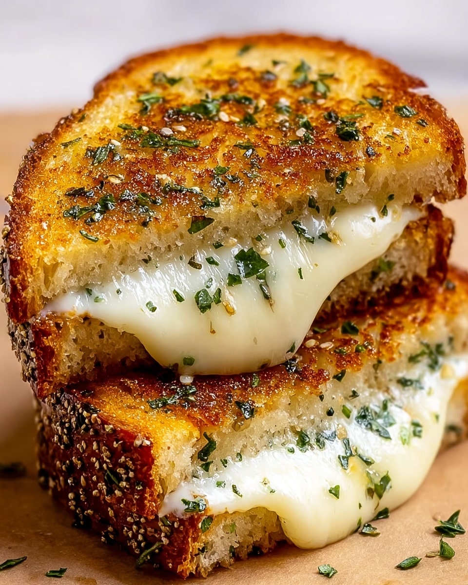 A close-up view of a grilled cheese sandwich cut in half and stacked, showing two thick layers of toasted bread with a golden-brown, crispy crust speckled with green herbs on top, and a gooey, melted white cheese oozing out between the bread slices. The bread has a slightly rough texture with visible seeds on the crust's edge, and the melted cheese glistens with a smooth texture mixed with small herbs, sitting between the two bread layers. The sandwich is placed on a light brown surface with some scattered herbs. photo taken with an iphone --ar 4:5 --v 7