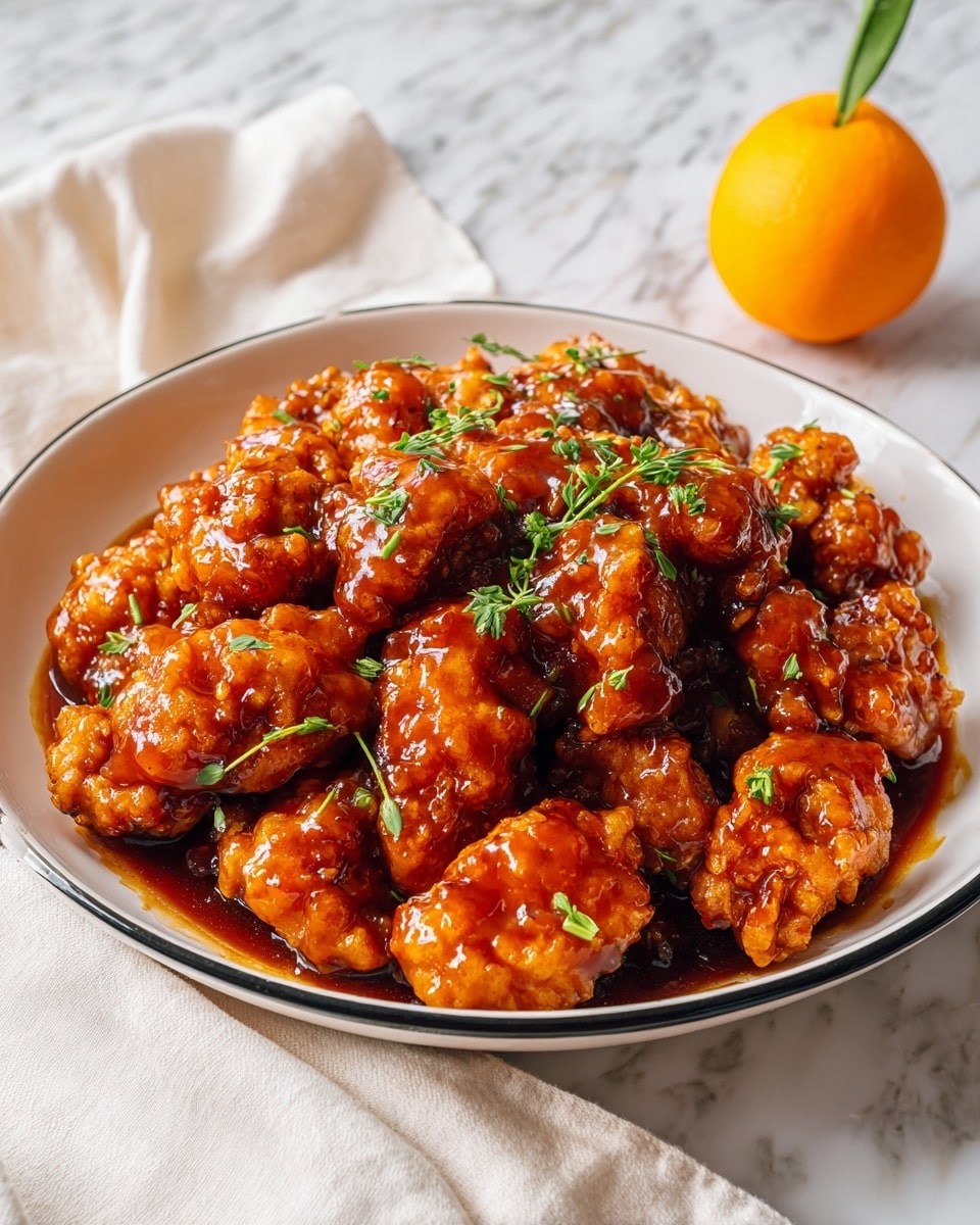 A white enamel round dish with a black rim filled with many pieces of golden brown fried chicken coated in a thick glossy dark orange sauce that looks sticky and shiny, giving the chicken a rich glazed texture. The dish is placed on a white marbled surface with a folded white cloth and an orange fruit nearby. Photo taken with an iphone --ar 4:5 --v 7