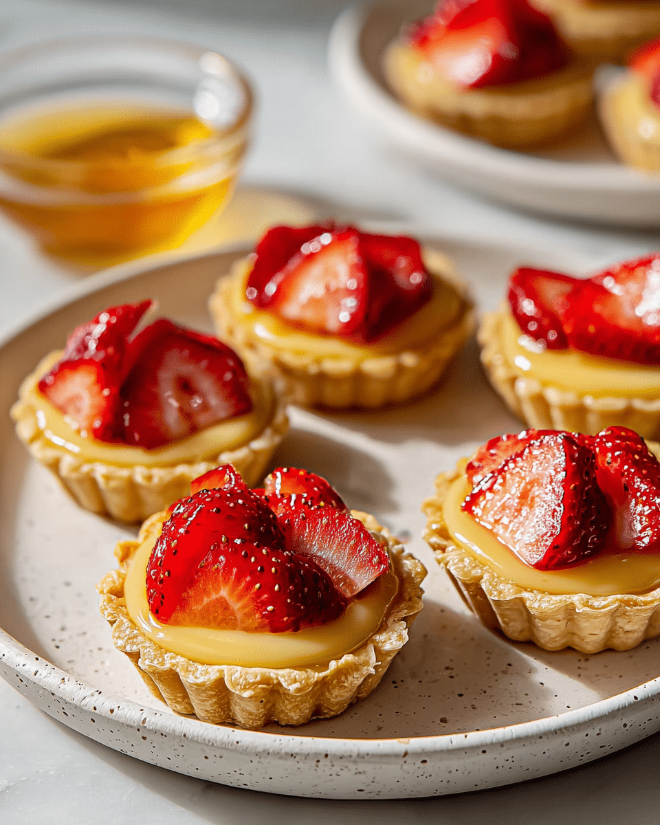 The image shows small tartlets arranged on a white plate with a speckled texture, placed on a white marbled surface. Each tartlet has a golden-brown, flaky crust forming the first layer, filled with a smooth, light yellow custard as the second layer. On top, the third layer is made of bright red sliced strawberries, laid neatly and slightly overlapping. The tartlets have a shiny glaze that makes the strawberries look fresh and glossy. In the background, there is a small clear bowl with a golden liquid, likely honey, blurred softly. The light creates a warm and inviting feel. photo taken with an iphone --ar 4:5 --v 7