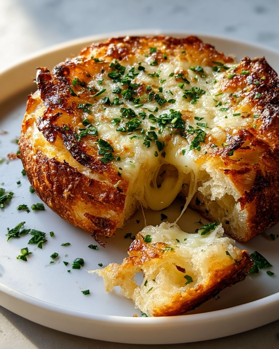 A round, golden-brown cheesy bread sits on a white plate with a white marbled texture under it. The bread has a crispy, deeply browned outer crust with a slightly uneven texture. The top center is covered with melted white cheese that looks soft and gooey, sprinkled with small bits of fresh green herbs. Some cheese strands and herbs are scattered around the plate, adding a fresh look. A small piece is broken off the main bread, showing a moist and fluffy inside with stretches of melted cheese. The lighting highlights the textures and colors clearly. Photo taken with an iphone --ar 4:5 --v 7