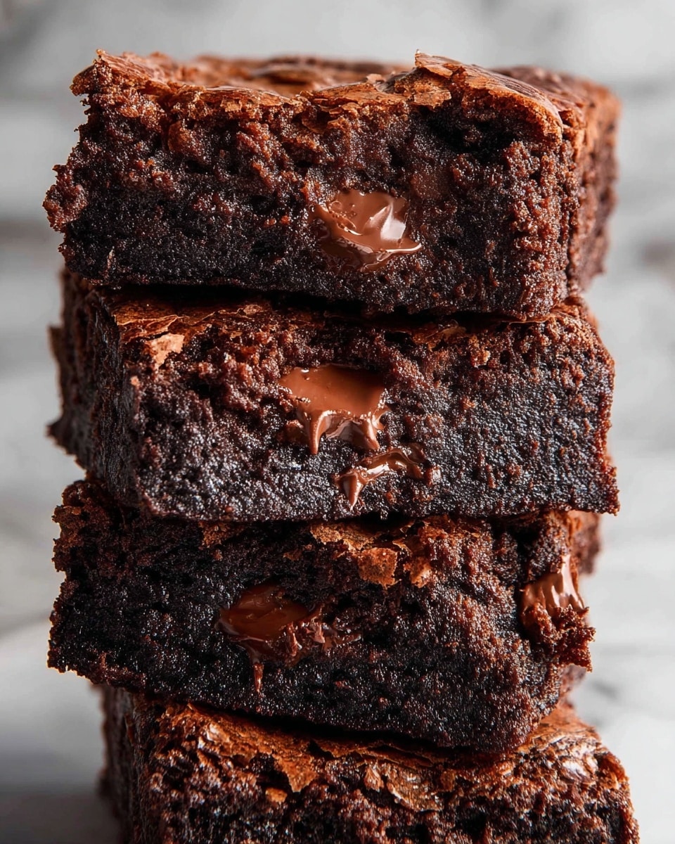 A stack of four thick, rich chocolate brownies with a glossy, crackly top layer and dense, moist interior. Each brownie features gooey, melted chocolate chunks embedded within the dark, fudgy crumb, adding a melty texture contrast. The brownies are stacked closely, showing uneven, slightly crumbled edges that highlight their homemade appearance. The background is a white marbled texture. photo taken with an iphone --ar 4:5 --v 7