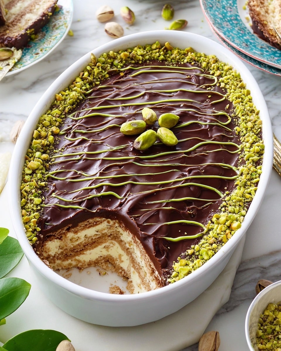 An oval dessert with a thick glossy dark chocolate layer on top, decorated with a green zigzag pattern creating a web-like design, and three whole green pistachios placed in the center. The dark chocolate surface is edged with crushed pistachios forming a colorful border. One portion of the dessert is missing, revealing multiple soft, creamy, and light brown layers inside. It is served in a white dish with handles on a white marbled surface with a lace cloth underneath. Nearby, on a white plate with blue stripes, lies a slice of the dessert next to some light-colored biscuit sticks. Photo taken with an iphone --ar 4:5 --v 7