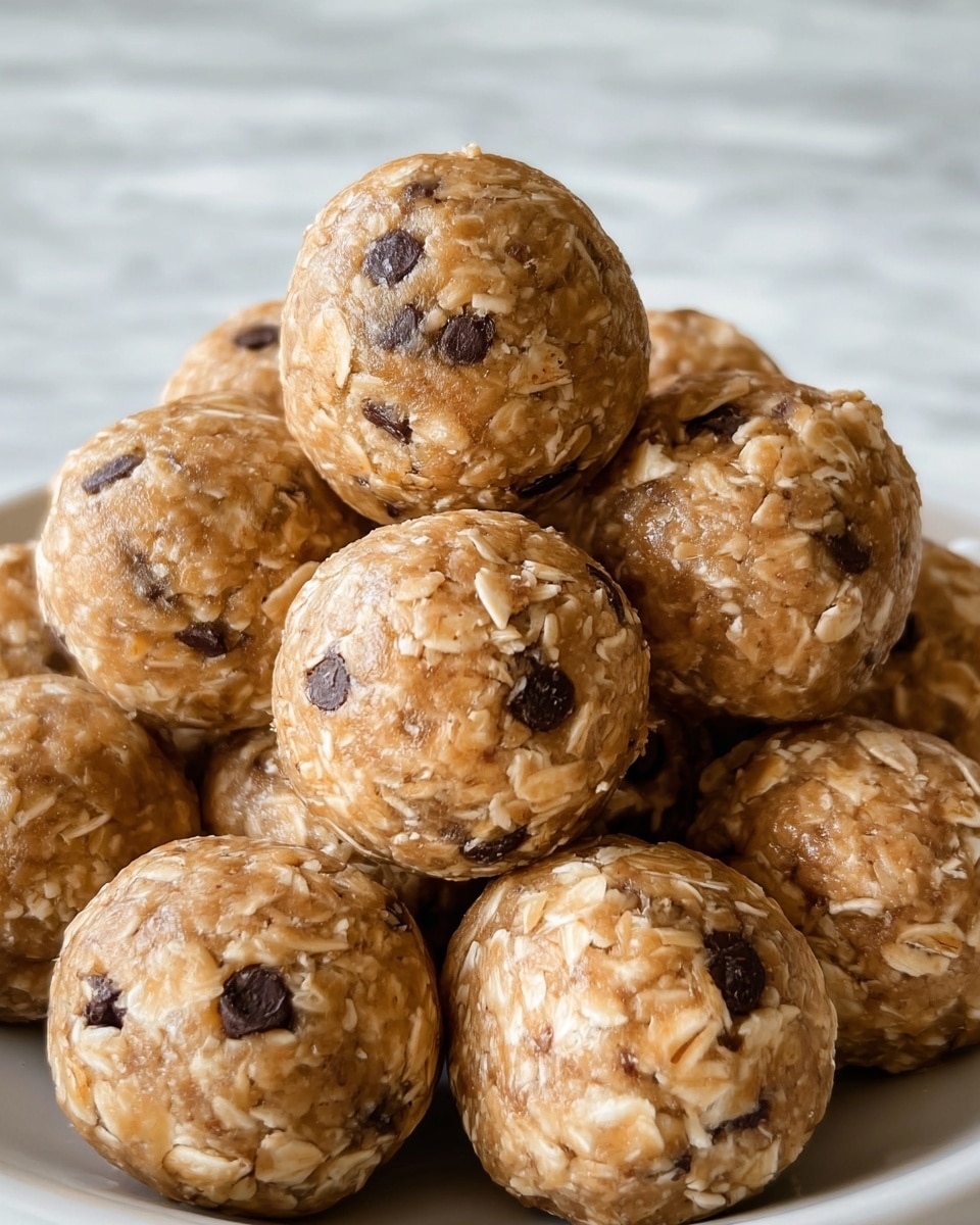 The image shows a close-up view of round energy bites stacked together. Each ball is light brown in color with visible oats and small dark chocolate chips mixed throughout. The texture looks soft and slightly sticky, with bits of oats giving a rough surface. The balls fill the white plate completely, creating a pile with some touching and overlapping each other. The background is a white marbled texture. photo taken with an iphone --ar 4:5 --v 7