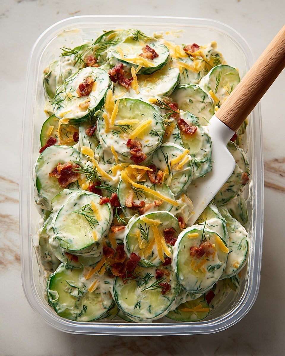 The image shows a rectangular clear plastic container filled with a creamy cucumber salad. The salad is made of multiple thin green cucumber slices coated evenly with a white creamy dressing mixed with small green dill leaves. On top, there are small pieces of crispy brown bacon and thin orange-yellow shredded cheese scattered all over. A white spatula with a wooden handle is scooping some salad from the right side. The container is placed on a white marbled surface. photo taken with an iphone --ar 4:5 --v 7