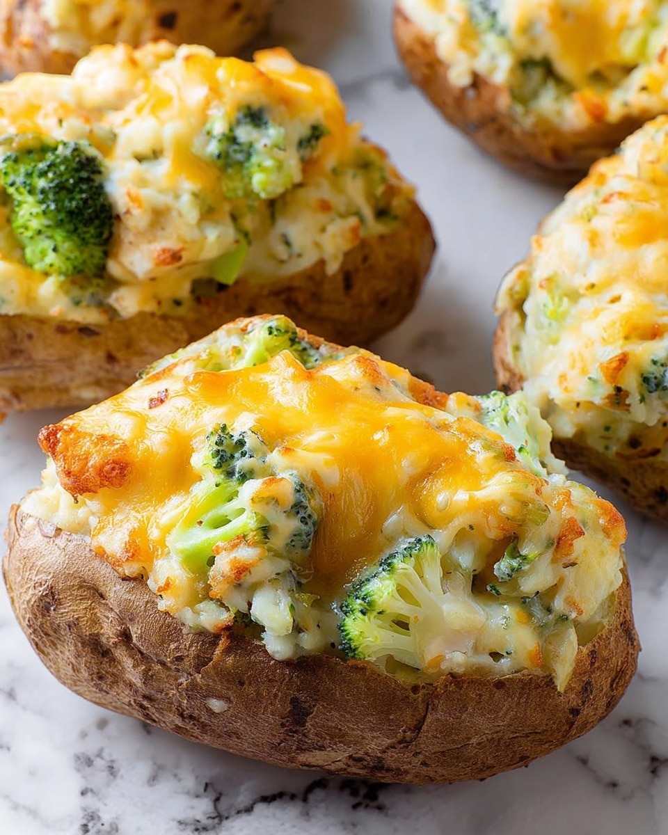 The image shows a close-up of stuffed baked potatoes placed on a white marbled surface. Each potato has a rough brown skin and is cut in half, filled with a creamy mix that looks light beige with small chunks of broccoli green and bits of cauliflower white. On top, there is a layer of melted cheese showing yellow and white gooey patches, slightly browned at the edges, covering the vegetables and filling. The stuffing is slightly piled above the potato skin edges, creating a thick, textured look. photo taken with an iphone --ar 4:5 --v 7