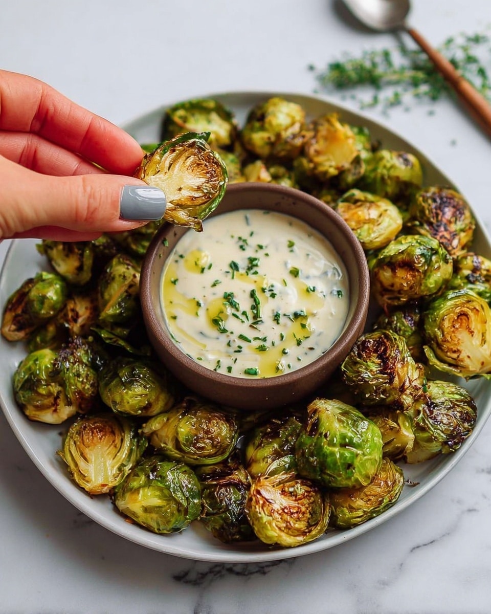 A round, white plate is filled with multiple roasted Brussels sprouts, showing a mix of golden brown and bright green colors with a slightly crisp texture. In the center of the plate, there is a small brown bowl holding a creamy white sauce with a drizzle of olive oil and sprinkled green herbs on top. A woman's hand with gray nail polish is holding one Brussels sprout dipped partway into the sauce. The background surface is a white marbled texture with a blurred spoon and some green herbs in the distance. Photo taken with an iphone --ar 4:5 --v 7