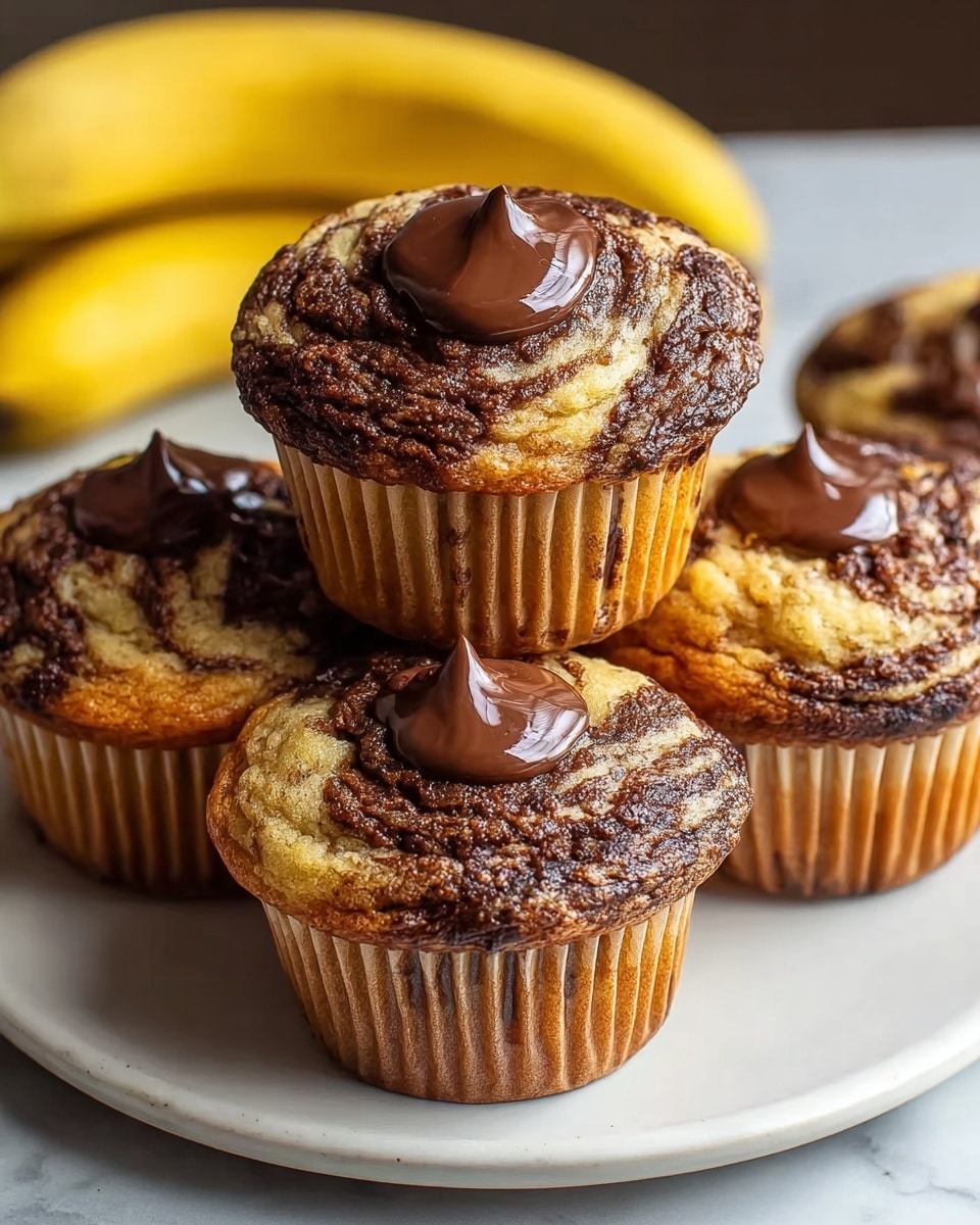 The image shows four muffins arranged on a simple white plate placed on a white marbled surface. Each muffin has a golden-brown base with visible ridges from the paper liner. The muffins have a marbled top layer with swirls of dark chocolate mixed with the lighter golden muffin batter. On top of each muffin, there is a small dollop of shiny, melted chocolate, adding a rich texture and deeper brown color. In the background, there are two slightly blurred yellow bananas, giving context to the flavor without dominating the image. photo taken with an iphone --ar 4:5 --v 7