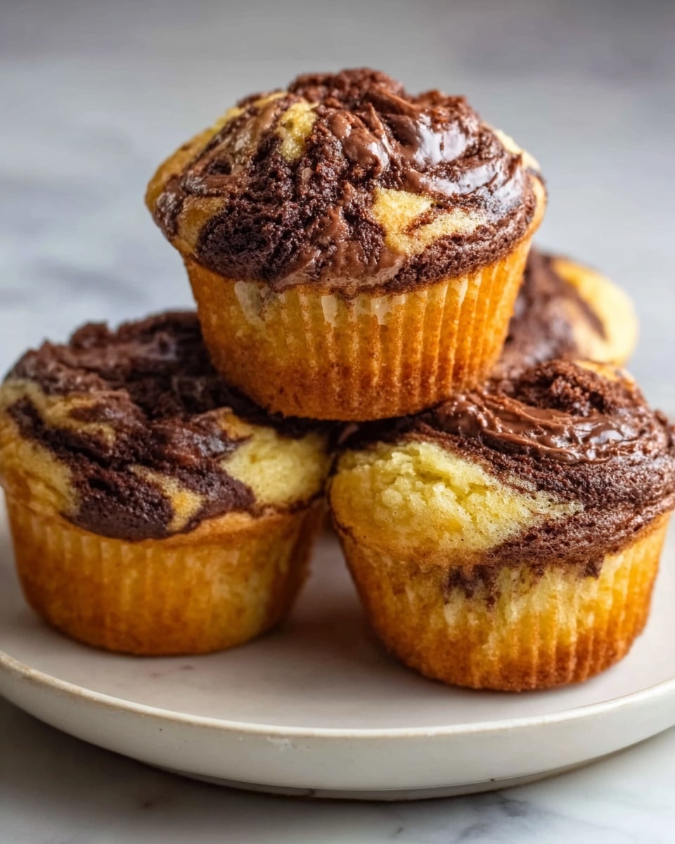 Three muffins stacked in a pyramid on a white plate set on a white marbled surface. Each muffin has a golden-brown top with thick swirls of dark brown chocolate mixed throughout, showing a marbled texture. The muffins' sides are light golden with a soft crumb texture. The bottom layer has two muffins side by side while the top muffin rests at the center on them. photo taken with an iphone --ar 4:5 --v 7