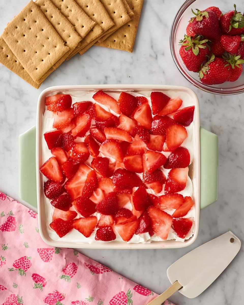 A slice of layered strawberry dessert on a white plate with rings, showing three main layers: at the bottom is a crumbly light brown biscuit layer, the middle and top layers are thick, fluffy white cream mixed with sliced red strawberries. The top is covered with more cream and fresh bright red strawberry slices arranged on the surface. The background is a white marbled texture with blurred white kitchen canisters, a pink bowl full of strawberries, and a green bowl with more cream and strawberries. Photo taken with an iphone --ar 4:5 --v 7