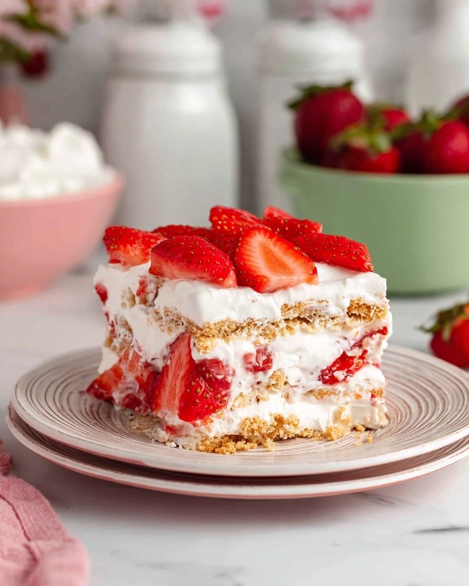 A square white dish holds a layered strawberry dessert with two visible layers: the bottom layer covered by a thick white cream layer, topped with a generous layer of bright red strawberry slices spread evenly across the surface. To the top right, a clear glass bowl contains some extra strawberry pieces, and to the top left, three rectangular graham crackers rest on a white marbled surface. A pink cloth with small strawberry patterns is at the bottom, next to a white spatula on the lower right. photo taken with an iphone --ar 4:5 --v 7