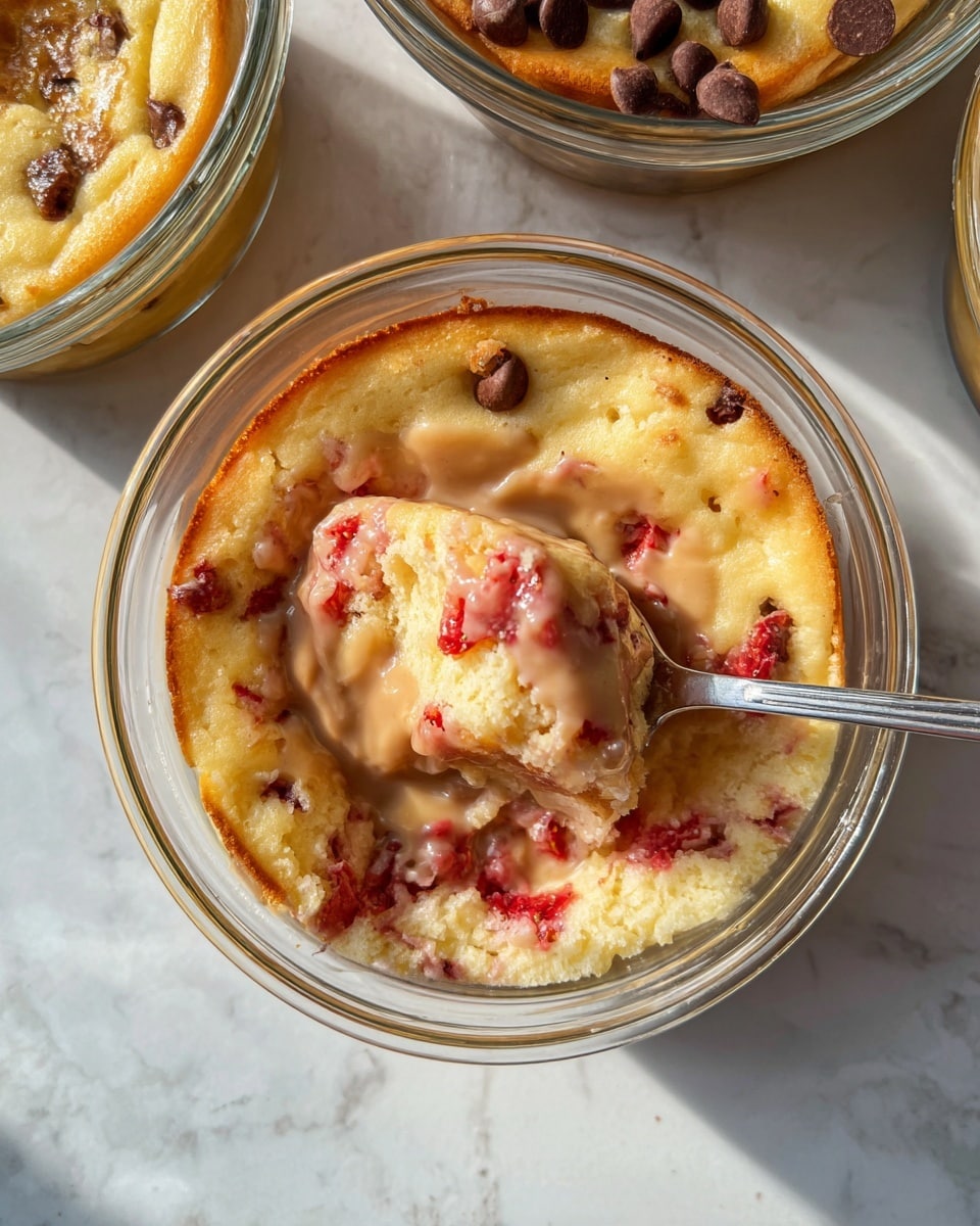 A clear glass bowl holds a single-layer baked cake with a soft, golden-brown top sprinkled with small, bright red strawberry pieces mixed throughout. A creamy, light brown sauce drizzles unevenly across the surface, pooling slightly in some areas. In the center, a spoon lifts a moist portion of the cake, showing fluffy, light yellow crumb texture beneath with bits of strawberry embedded inside. The bowl is set on a white marbled texture that reflects sunlight, casting soft shadows. In the background, two more similar clear glass bowls, one topped with chocolate chips and the other with a plain golden surface, are partially visible. Photo taken with an iphone --ar 4:5 --v 7