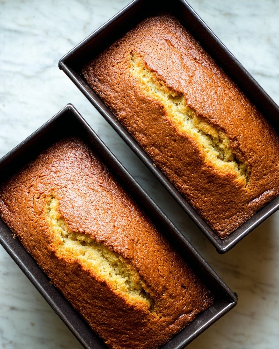 The image shows two rectangular baked cakes in black loaf pans, each cake having a golden brown crust with a slightly cracked top running lengthwise through the middle. The cakes have a soft texture visible in the crack, showing a lighter yellowish interior. The loaf pans are positioned diagonally on a white marbled surface, with the cakes filling the pans completely and having slightly raised edges. The overall look is warm and inviting, with the rich browns of the crust contrasting against the lighter yellow inside. photo taken with an iphone --ar 4:5 --v 7