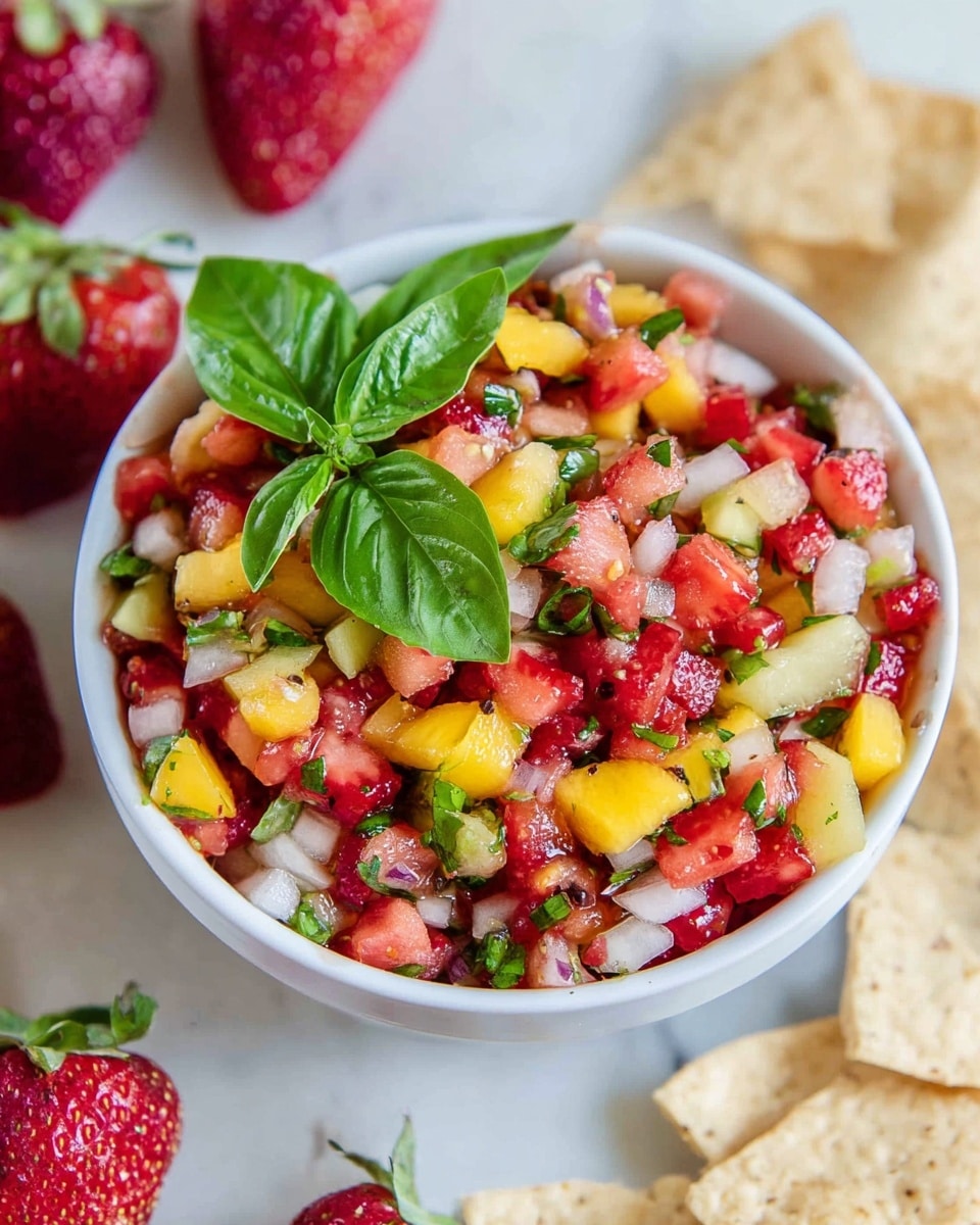A white bowl filled with a colorful fruit salsa, consisting of finely chopped red strawberries, yellow mango, translucent white onions, and small pieces of green kiwi, all mixed together. On top, bright green slices of fresh basil leaves add a fresh contrast. The bowl is placed on a white marbled surface, surrounded by whole strawberries and light-colored tortilla chips. The salsa looks fresh and vibrant, with a mix of soft and juicy fruit textures. Photo taken with an iphone --ar 4:5 --v 7