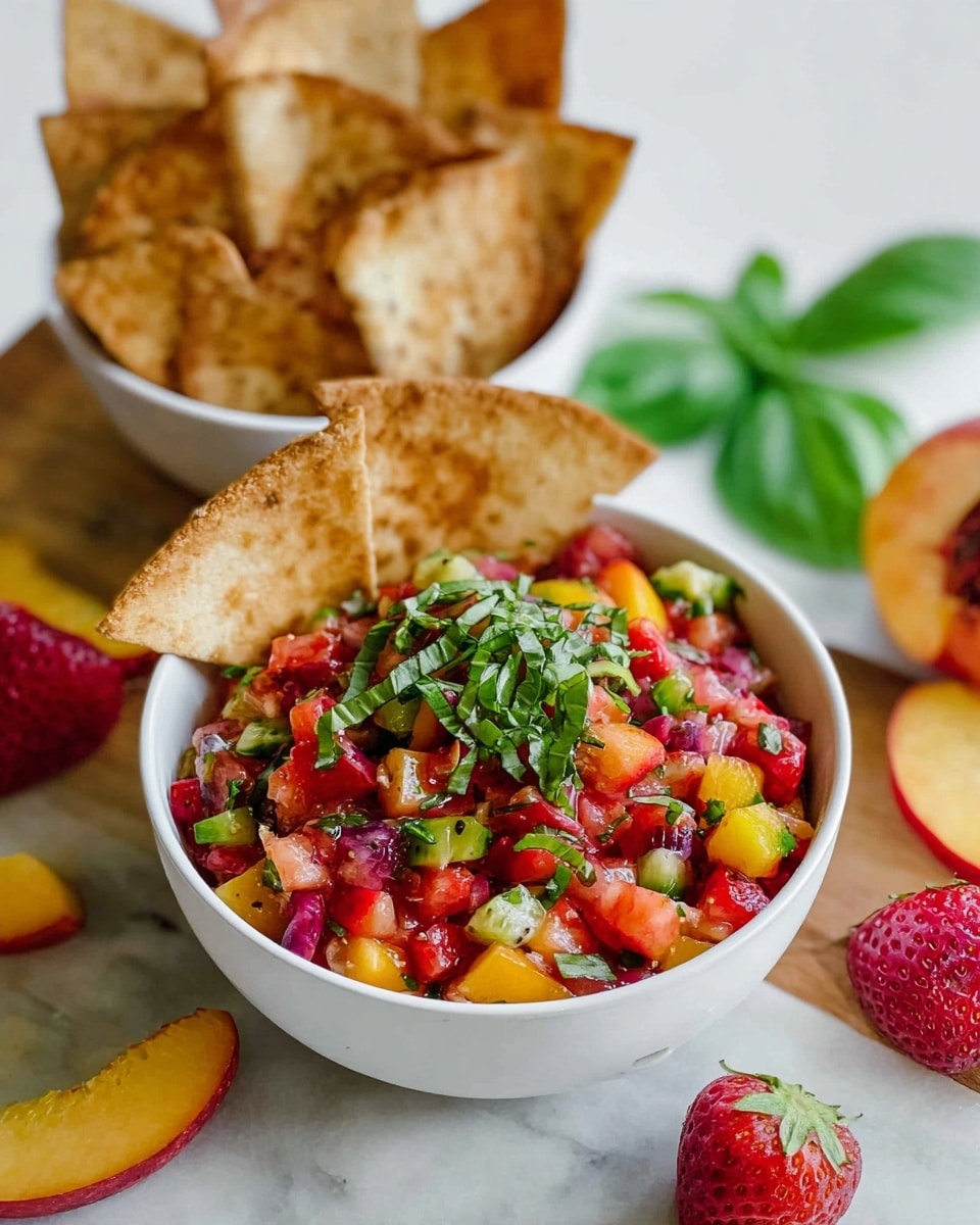 A white bowl filled with a colorful fruit salsa sits in the center, made of small chopped pieces of red strawberries, yellow peaches, and green kiwi, all mixed together with a topping of fresh green basil leaves finely sliced, giving a fresh, vibrant look. Behind the bowl, there is another white bowl holding several pieces of toasted, golden-brown pita chips standing upright. The white marbled surface is decorated with whole strawberries, basil leaves, peach slices, and a halved starfruit. The arrangement is bright and fresh, with a natural, casual style. photo taken with an iphone --ar 4:5 --v 7