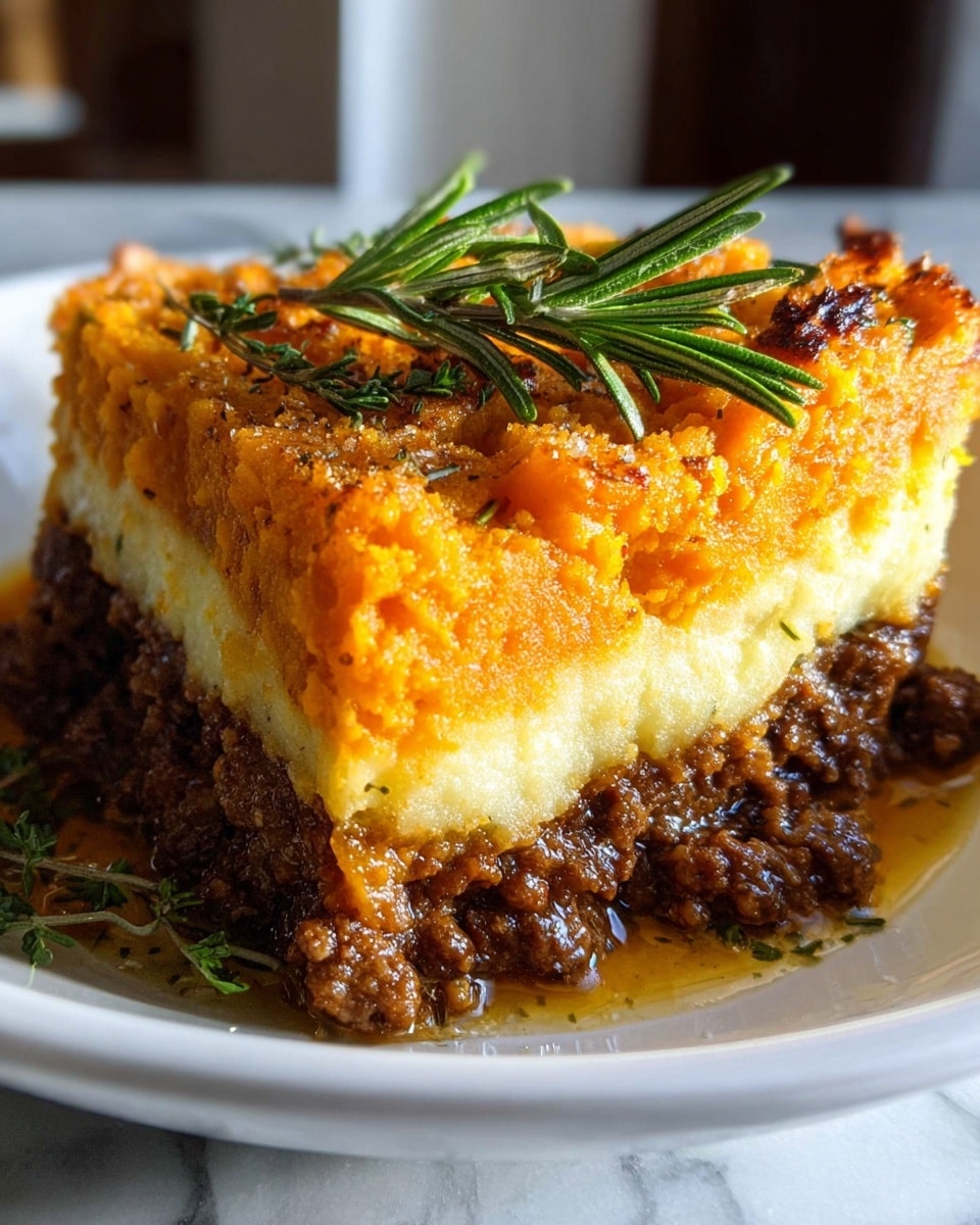 A thick slice of shepherd's pie sits on a white plate, showing three distinct layers: the bottom layer is a textured, brown minced meat with some visible small chunks, the middle layer is a bright orange, smooth mashed vegetable, and the top layer is a slightly browned, creamy white mashed topping with small green herb sprigs scattered on it. The sides of the slice are well-defined and the top edges have a golden, crispy finish. A few small herb pieces are scattered on the plate around the slice, and the whole image is set against a white marbled surface. photo taken with an iphone --ar 4:5 --v 7