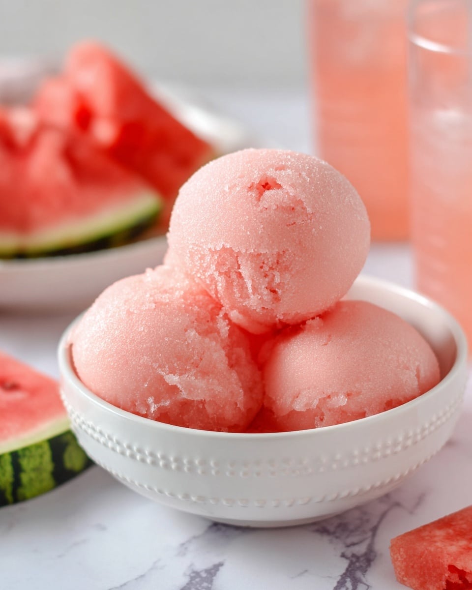 The image shows three smooth, round scoops of light pink watermelon sorbet, stacked neatly in a white bowl with a dotted rim. The sorbet has a soft, frosty texture with small icy crystals visible on its surface. In the background, there are pieces of fresh watermelon with a bright red interior and green rind, all set on a white marbled texture. There is also a pinkish drink in a clear glass, slightly out of focus. photo taken with an iphone --ar 4:5 --v 7