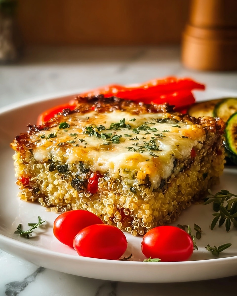A thick square piece of baked quinoa casserole with three visible layers: the bottom layer is a light yellow quinoa mix, the middle layer has a mix of sliced green zucchini and red bits, and the top layer is a golden brown, bubbly melted cheese sprinkled with fresh green herbs. The casserole sits in the middle of a white plate, next to a few bright red cherry tomatoes and roasted vegetables including red bell peppers and sliced zucchini. The background shows a warm, cozy light with a white marbled texture. photo taken with an iphone --ar 4:5 --v 7