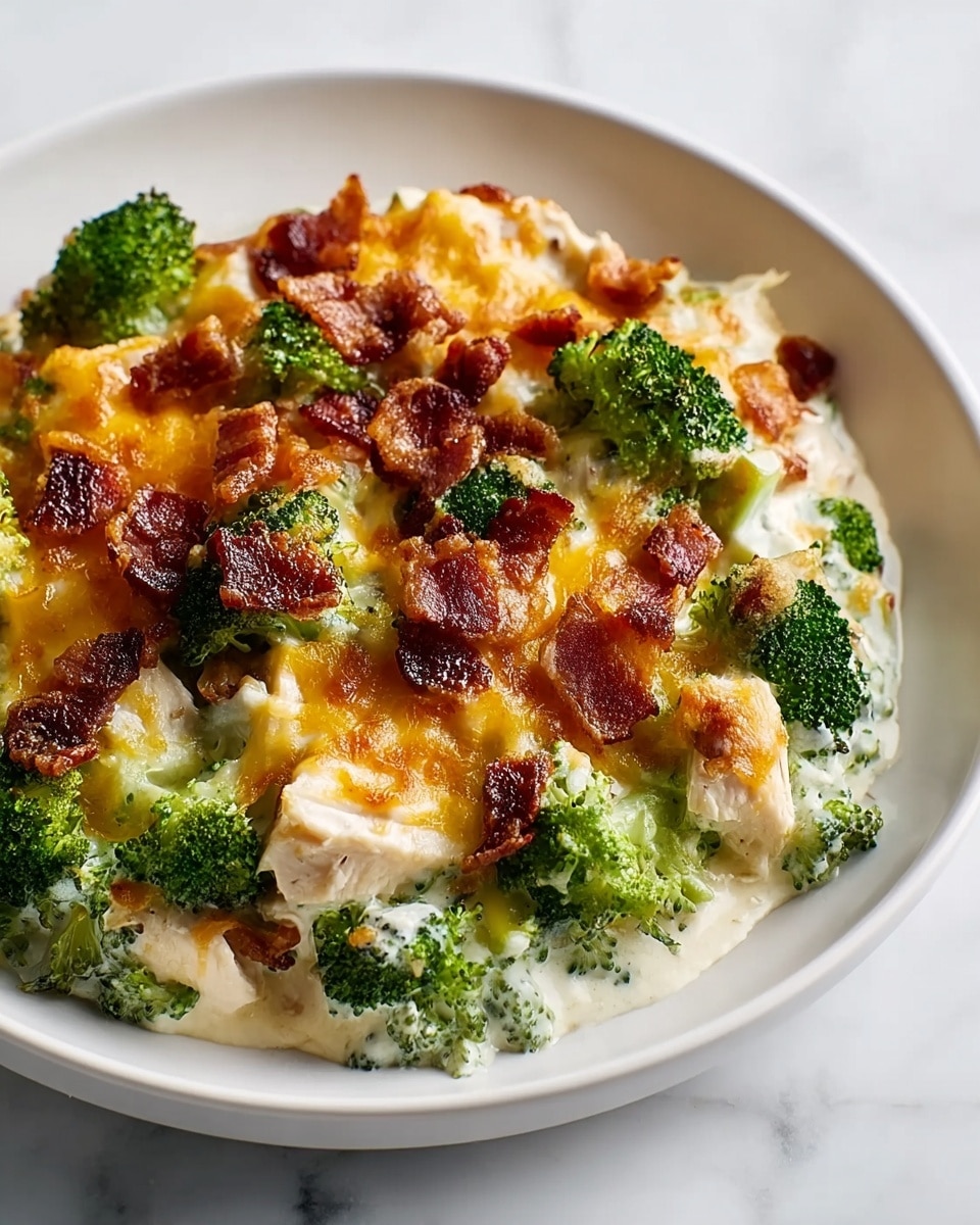 The dish shows two main layers: the bottom layer is creamy white sauce covered with bright green broccoli florets and chunks of white chicken, both partially hidden by the sauce; the top layer has melted golden-yellow cheese with crispy dark brown bacon bits scattered unevenly across. Everything is placed on a simple white plate that sits on a white marbled surface, giving a clean and fresh look. Photo taken with an iphone --ar 4:5 --v 7