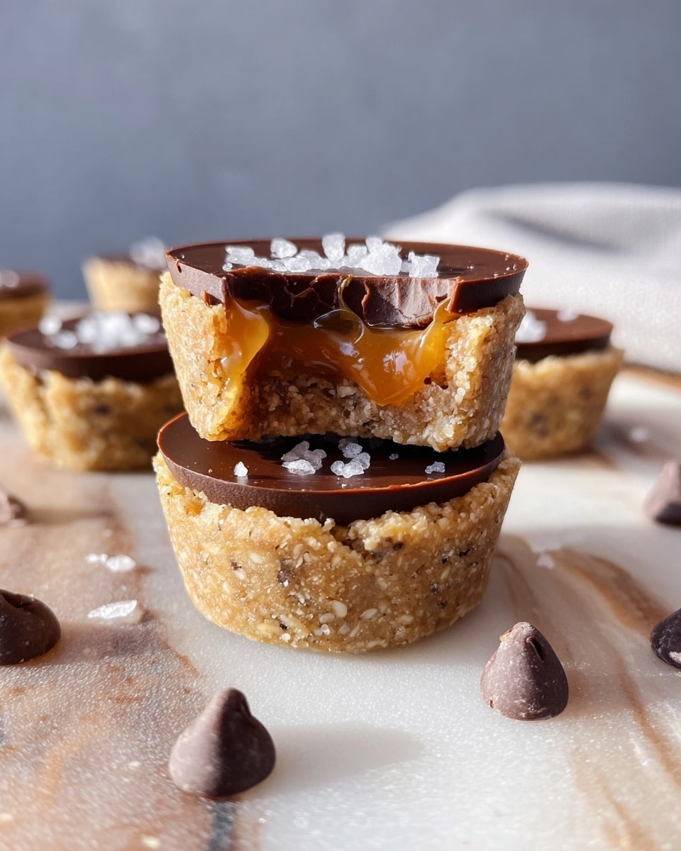 The image shows two small tart-like treats stacked on a white marbled surface with a soft gray background. Each tart has three visible layers: the bottom and sides are a crumbly, light brown nutty crust with a grainy texture; the middle layer is a smooth, gooey caramel with a golden color, visible in the top tart where a bite has been taken; the top layer is a dark chocolate disc with a glossy finish and a few grains of coarse salt sprinkled on top. Around the tarts are scattered chocolate chips and salt crystals. The photo taken with an iphone --ar 4:5 --v 7