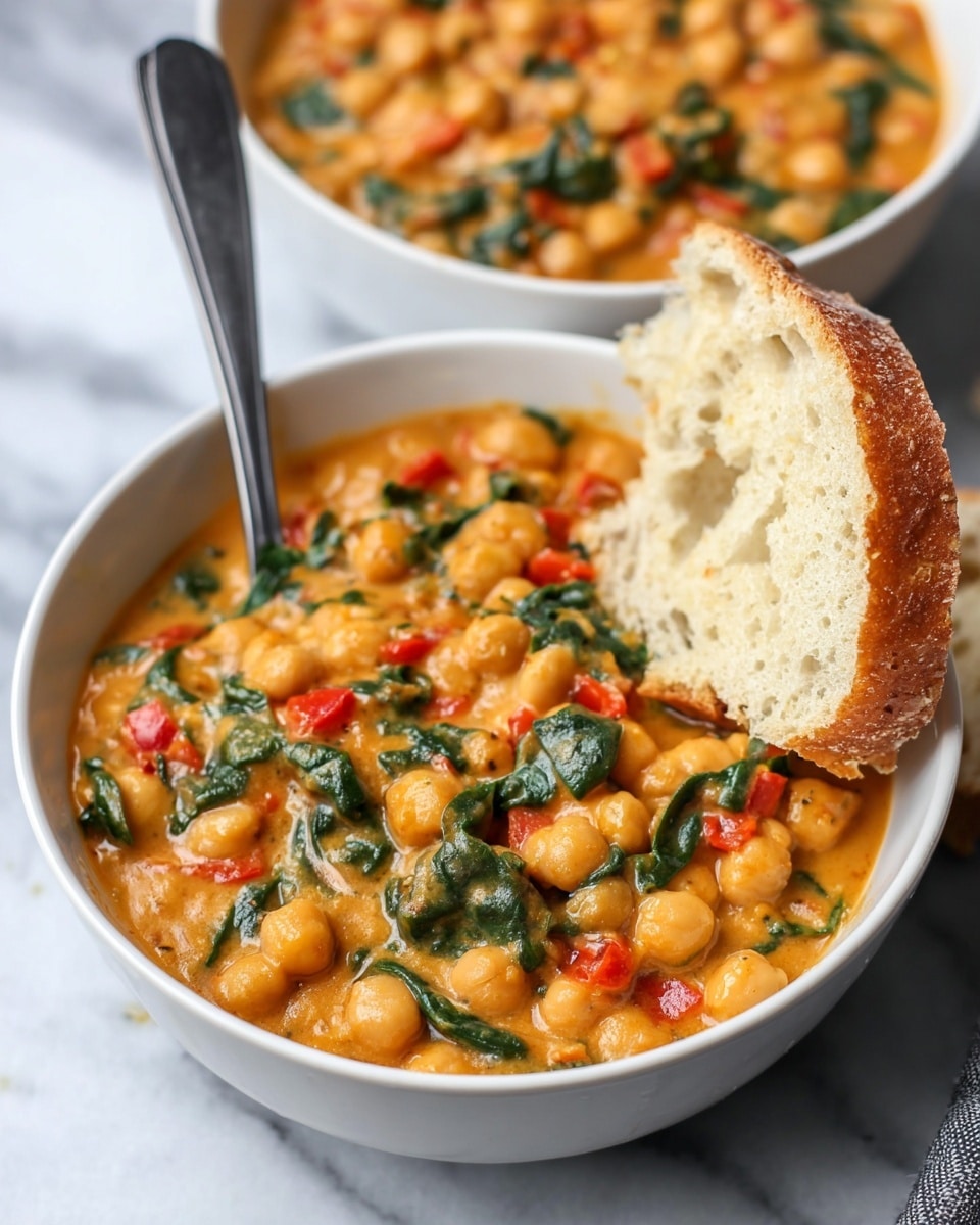 A white bowl filled with a thick stew made of chickpeas and leafy green herbs mixed in a rich, orange creamy sauce with visible pieces of red pepper. The stew looks chunky and textured with vibrant colors from the greens and reds spreading evenly. A slice of light golden bread with a porous, soft inside is partially dipped into the stew on the right side of the bowl, and a silver spoon stands upright on the left side. In the background, there is another white bowl filled with the same stew, placed on a white marbled surface. Photo taken with an iphone --ar 4:5 --v 7