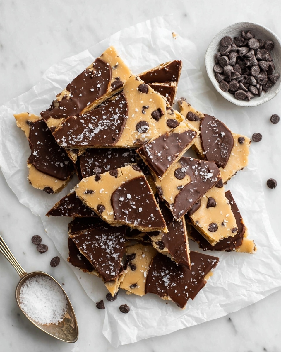 A pile of broken chocolate chip cookie dough bark pieces sits on white parchment paper over a white marbled surface, with each piece showing one layer of light beige cookie dough embedded with dark brown chocolate chips, topped with a smooth dark chocolate layer sprinkled with coarse sea salt flakes; next to the parchment, a silver measuring spoon with chocolate chips and a small bowl with flaky sea salt add extra detail. photo taken with an iphone --ar 4:5 --v 7