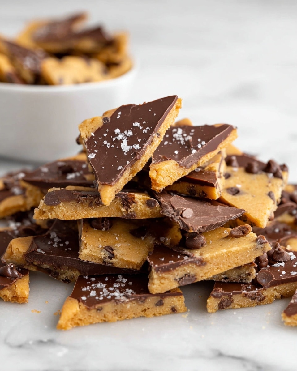 The image shows a pile of broken cookie bark pieces arranged on a white marbled surface. Each piece has two layers: a thick, golden-brown cookie base speckled with chocolate chips and a smooth, dark chocolate layer on top. Some pieces are triangular, others irregularly shaped, and the chocolate top is sprinkled with a few flakes of sea salt, adding texture and contrast. The cookie layer looks crumbly and soft, while the chocolate layer is glossy and slightly thick. A white bowl with more cookie pieces is slightly visible in the back. photo taken with an iphone --ar 4:5 --v 7