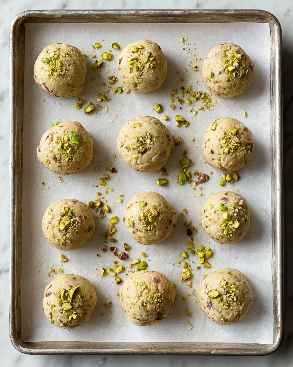 This image shows nine round cookie dough balls, evenly spaced on a white parchment paper-lined metal baking tray. Each dough ball is light beige with small green and purple bits inside, topped with crushed green pistachio nuts, some scattered around on the parchment. The tray sits on a white marbled surface, giving a clean and bright background. Photo taken with an iphone --ar 4:5 --v 7