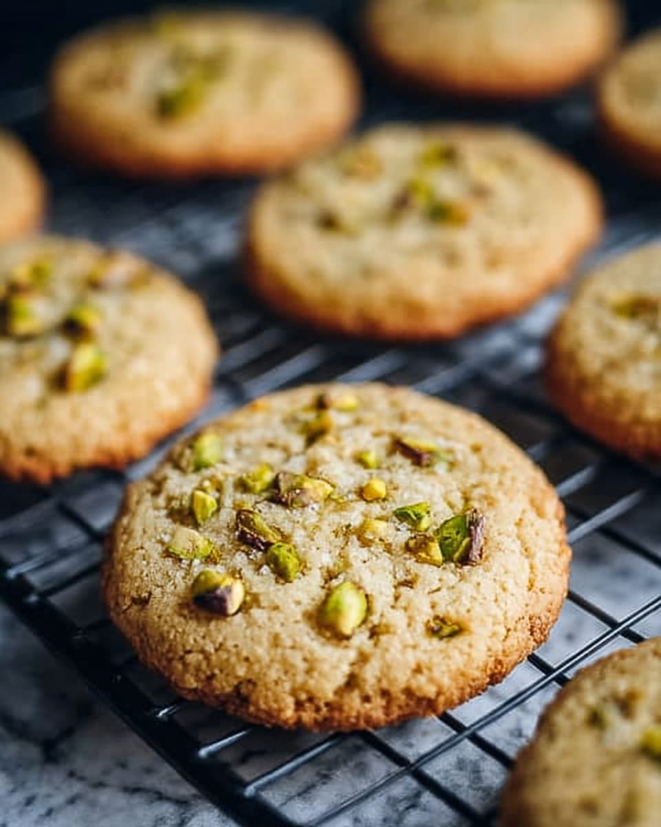 The image shows several round cookies cooling on a black metal rack. Each cookie has a golden-brown color with a slightly rough and crumbly texture. The surface of the cookies is studded with small green pistachio nut pieces, adding a pop of color and a bit of crunchiness. The background is softly blurred, with a white marbled texture that highlights the warm tones of the cookies. The focus is on one cookie in the front, showing detailed texture and nut pieces clearly. photo taken with an iphone --ar 4:5 --v 7
