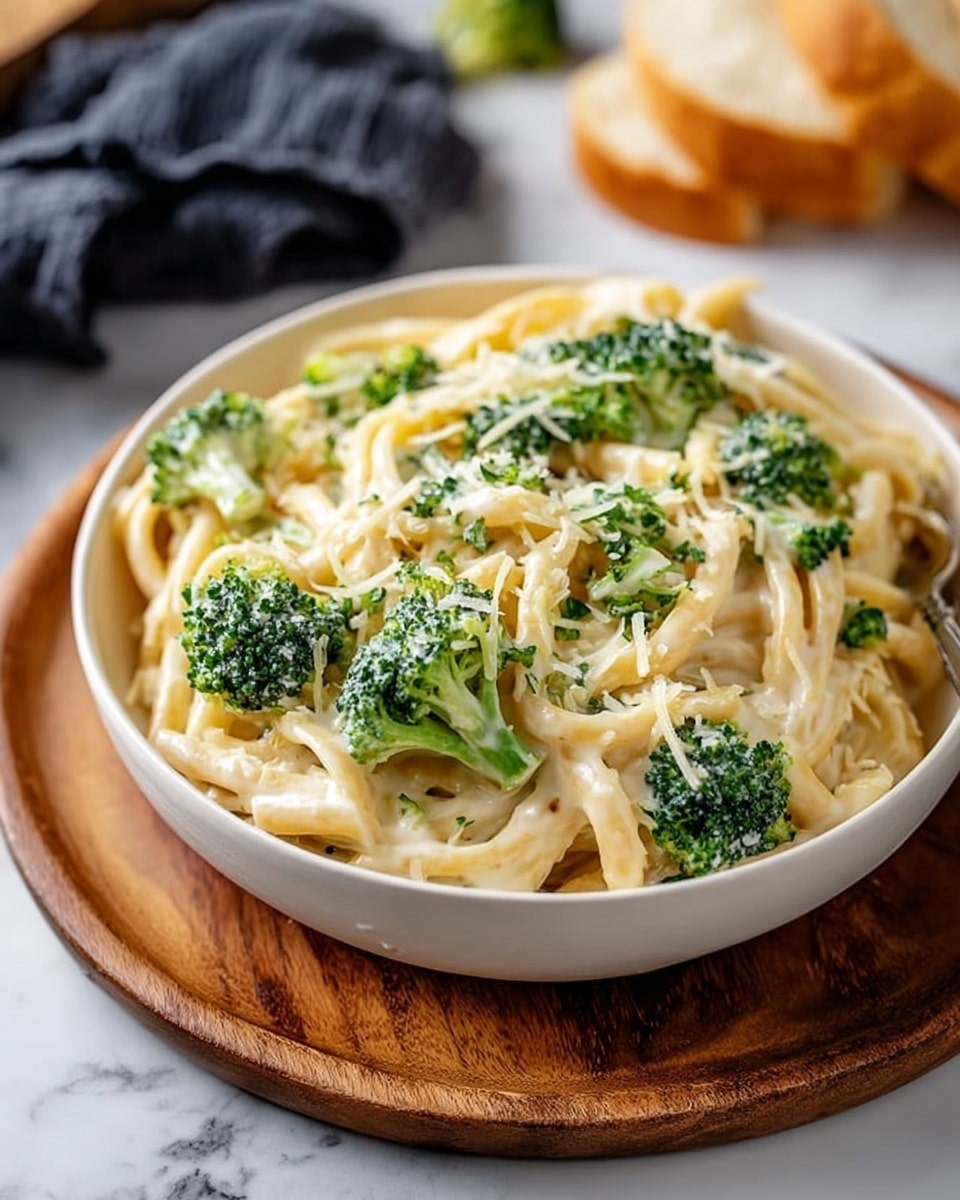 A white bowl filled with creamy pasta and broccoli sits on a round wooden board, placed on a white marbled surface. The dish has two main layers: the bottom layer consists of smooth, pale yellow pasta coated in a rich, creamy white sauce, while scattered vibrant green broccoli florets are mixed evenly throughout. On top, finely grated cheese and small green herb pieces are sprinkled, adding texture and color contrast to the dish. In the blurred background, a sliced loaf of bread and a dark cloth are visible. photo taken with an iphone --ar 4:5 --v 7