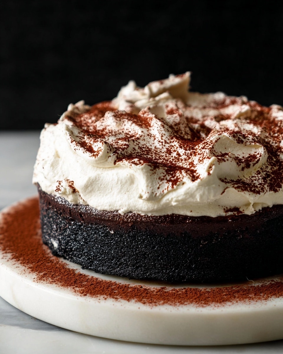 The image shows a round, dark chocolate cake with a thick, black textured base layer. On top of the cake is a thick layer of white whipped cream, swirled and fluffy, with an uneven, soft surface. The whipped cream is dusted unevenly with a reddish-brown cocoa powder, adding contrast and texture. The cake sits on a white marble plate that has a ring of cocoa powder dusted around the base, creating a rustic and rich feel. The background is black, which makes the cake stand out sharply. photo taken with an iphone --ar 4:5 --v 7