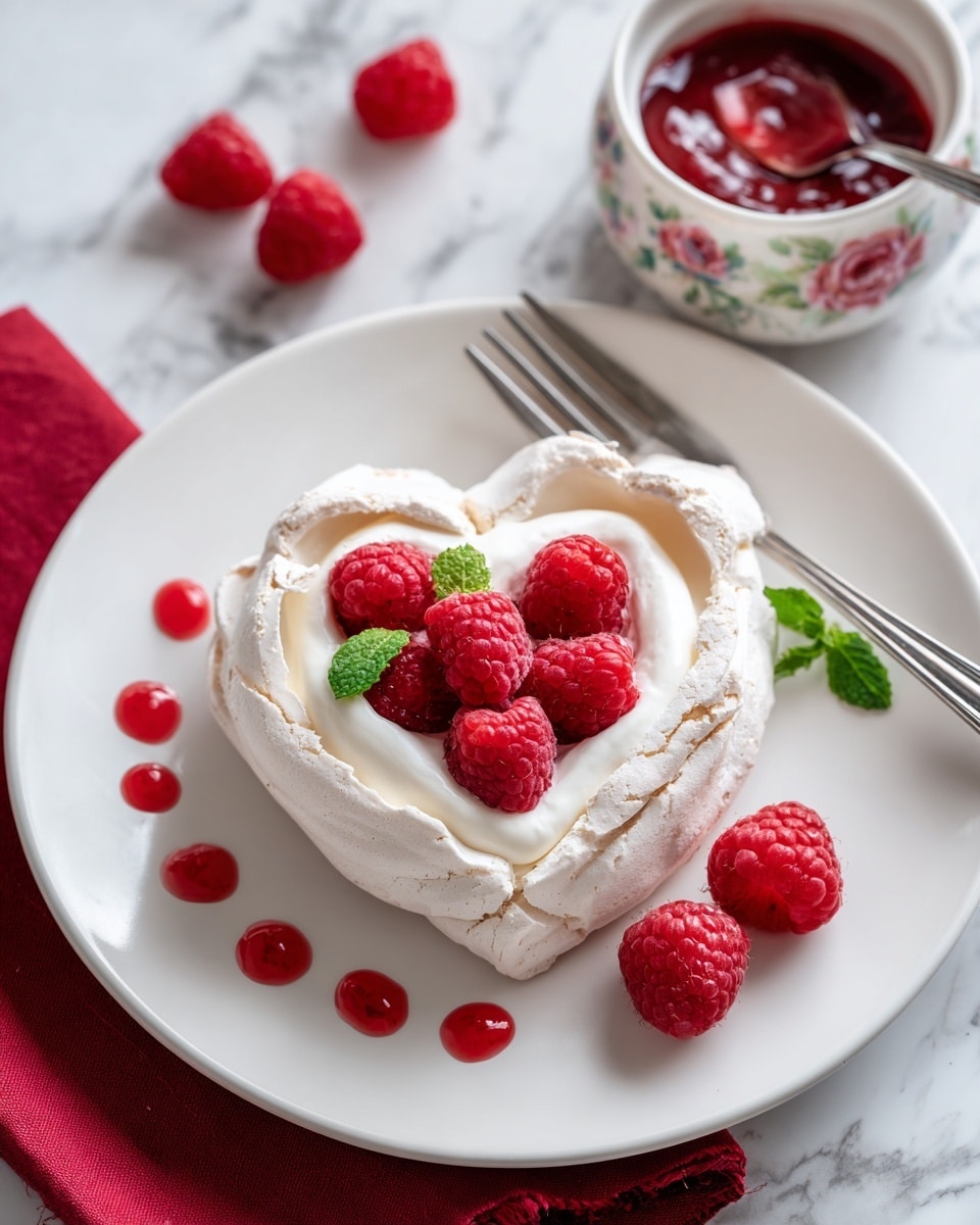 A white plate holds a heart-shaped meringue nest with a light beige, slightly cracked texture. Inside the nest, there is a creamy white layer of whipped cream topped with bright red raspberries arranged to fill the center. Next to the meringue on the plate are three raspberries with a small green mint leaf. Around the lower left side of the plate, there are small dollops of red raspberry sauce. A silver fork rests on the right side of the plate on top of a red cloth napkin. In the background, a small white bowl with floral details holds more raspberry sauce with a spoon inside, and two loose raspberries sit nearby on the white marbled surface. photo taken with an iphone --ar 4:5 --v 7
