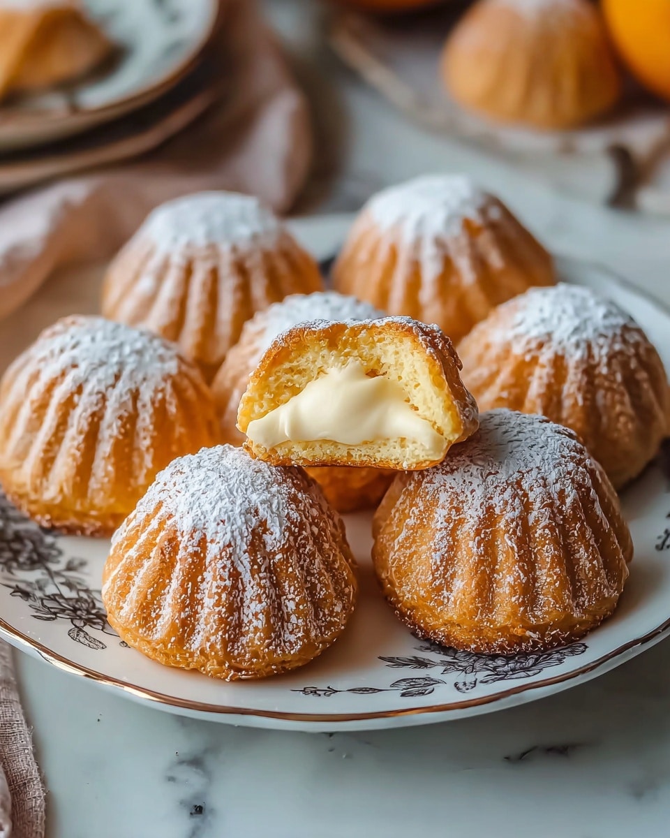 The image shows six small, round cakes arranged on a white plate with a thin dark floral pattern along its edge. Each cake is light golden-brown with a ridged, pumpkin-like shape and dusted with a thin layer of white powdered sugar. One cake is cut open and placed on top of another in the center, revealing a creamy, pale yellow filling inside. The texture of the filling looks smooth and soft, contrasting with the slightly crispy outer layer. The plate is placed on a white marbled surface with some blurred background elements. photo taken with an iphone --ar 4:5 --v 7