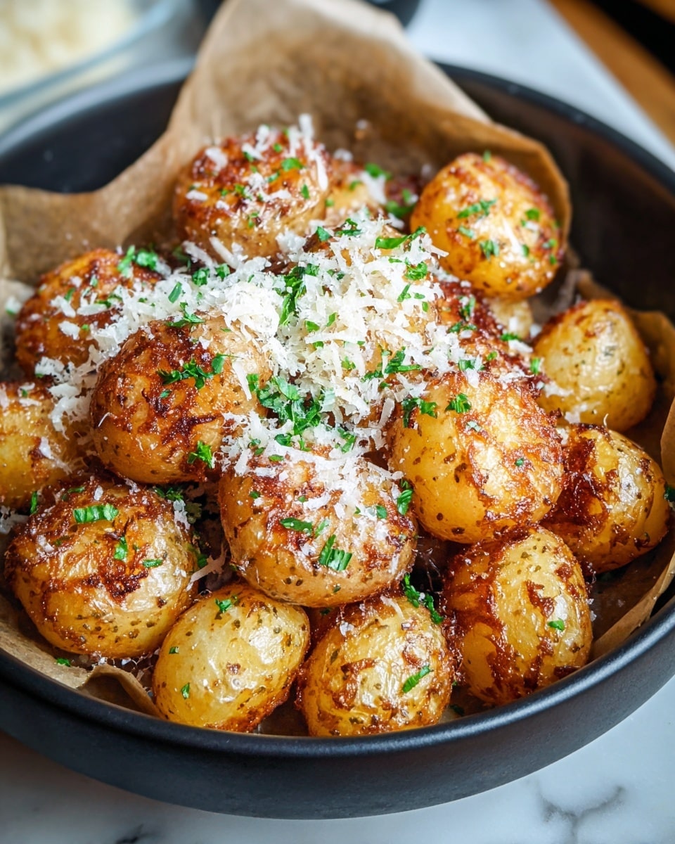 A black bowl is filled with golden brown small round potatoes, cooked until crispy on the outside and sprinkled with finely chopped green herbs and a generous layer of grated white cheese on top. The bowl is lined with light brown baking paper. The potatoes show spots of darker crispy edges, giving a crunchy texture, while the cheese adds a crumbly, soft contrast. The background is a white marbled surface, adding a clean and fresh look to the scene. photo taken with an iphone --ar 4:5 --v 7
