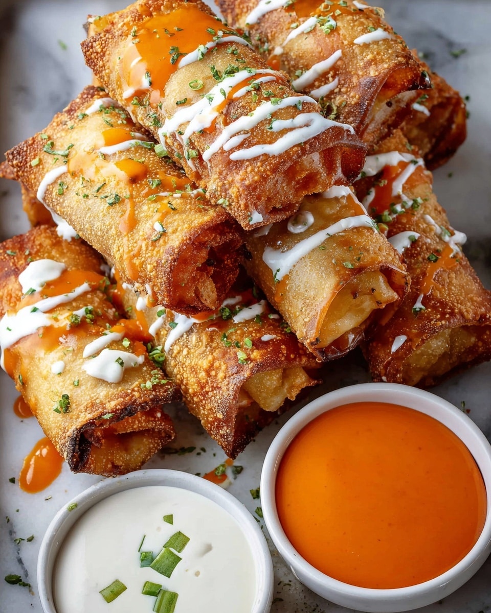 The image shows a close-up of several golden-brown fried rolls stacked on a white marbled surface, each roll drizzled with a bright orange sauce and a white creamy sauce in uneven lines, sprinkled with finely chopped green herbs. Two small white bowls are placed nearby, one filled with a smooth orange sauce and the other with a white sauce, each having a few green herb pieces floating on top. The fried rolls are crispy with some darker browned spots, giving them a textured look, and the sauces add contrast and a fresh touch. Photo taken with an iphone --ar 4:5 --v 7