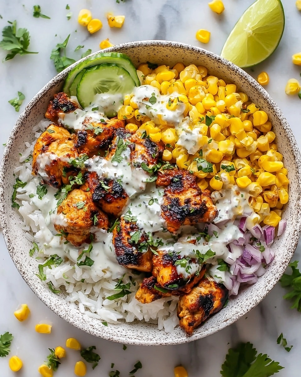 A speckled white bowl filled with three main layers starting at the bottom with fluffy white rice, topped with golden grilled chicken pieces that have dark char marks and are sprinkled with green cilantro leaves. Next to the chicken is a pile of bright yellow corn kernels. Over the chicken and corn, there is a drizzle of white creamy sauce mixed with small bits of purple onion and green herbs. A wedge of sliced lime and a cucumber slice sit on the edge inside the bowl. The bowl rests on a white marbled surface with scattered corn kernels, lime halves, and small cilantro leaves around. Photo taken with an iphone --ar 4:5 --v 7