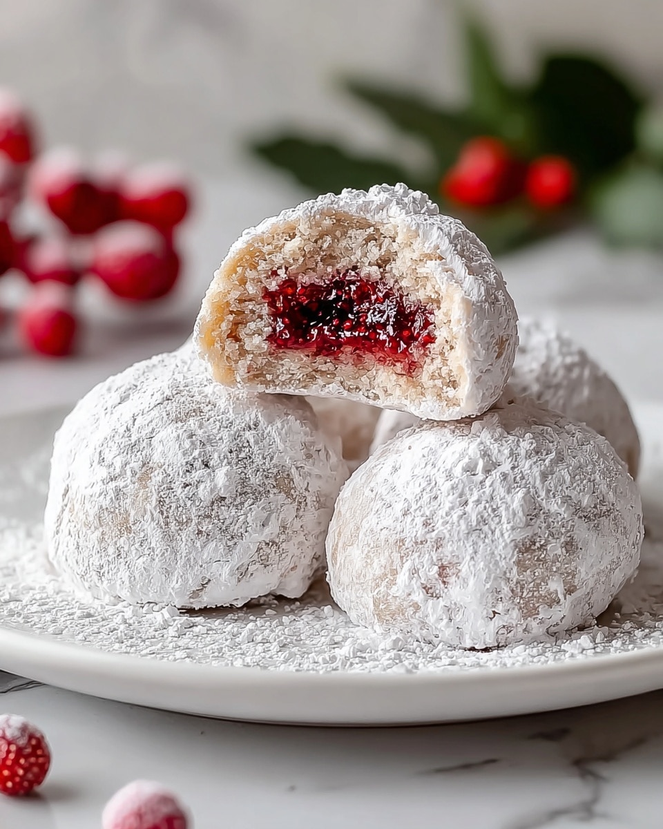 The image shows three round snowball cookies covered in white powdered sugar on a white plate against a white marbled surface. The front cookie is cut in half, revealing a red jam filling with visible seeds inside a soft, light beige dough layer, dusted thickly with powdered sugar. The other two whole cookies also have a rough texture under the sugar coating. In the background, blurred red berries and green leaves add color contrast. Photo taken with an iphone --ar 4:5 --v 7