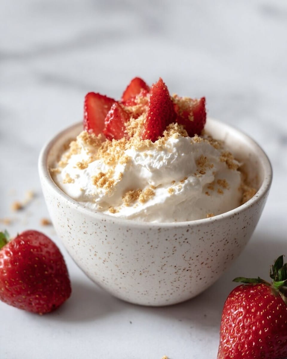 A white speckled bowl holds a dollop of fluffy white whipped cream as the main layer, topped with small golden crumbles scattered on top, and three bright red strawberries arranged neatly at the very top. The bowl rests on a clean white marbled surface with two whole strawberries placed near it. The light is soft, showing the textures clearly. photo taken with an iphone --ar 4:5 --v 7