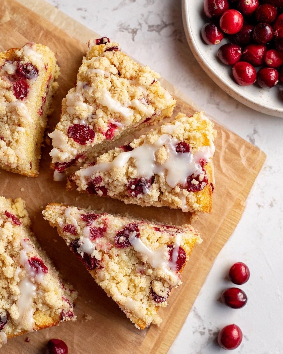 The image shows a crumb cake sliced into pieces, with a rough, golden-brown crumb layer on top that looks crumbly and slightly crunchy. Below the crumb topping, there is a light yellow cake layer dotted with bright red cranberries that add pops of color throughout the slice. The crumb topping is drizzled with a thin layer of white icing, creating a sticky and shiny texture contrasting with the dry crumbs. The cake rests on brown parchment paper placed on a white marbled surface, and some fresh cranberries are scattered around. In the top right corner, there is a white plate with more fresh cranberries. photo taken with an iphone --ar 4:5 --v 7