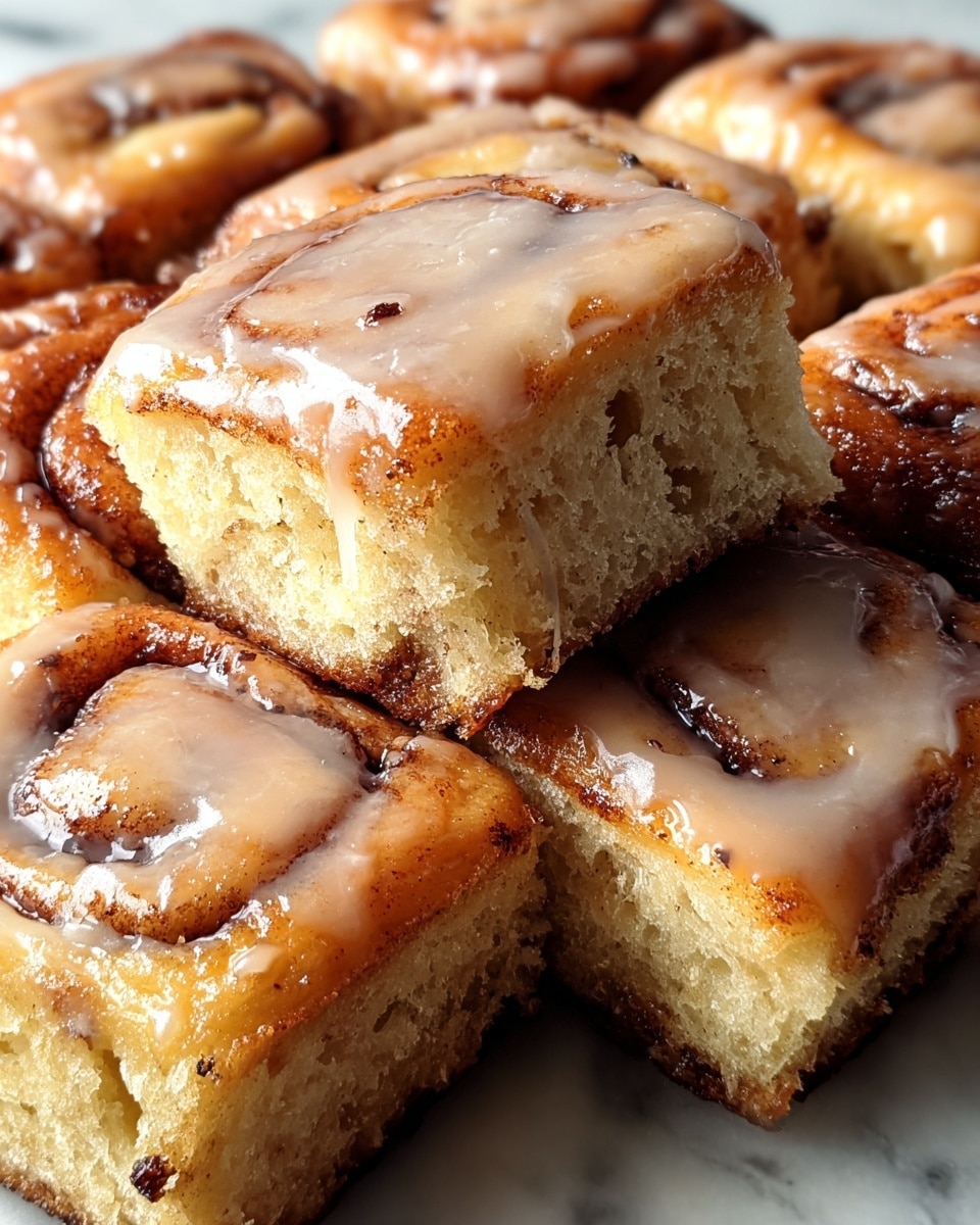 The image shows several square pieces of cinnamon rolls with a golden-brown baked crust and a glossy, light beige icing spread evenly on top. Each roll has a visible soft and moist inside with a slightly dense texture and a few small air pockets, while the bottom edges appear crisp and darker brown. The glaze smoothly covers the top and drips slightly down the sides, with hints of cinnamon specks visible in the glaze and dough. The rolls are stacked closely together on a white marbled surface, highlighting their warm color and texture. photo taken with an iphone --ar 4:5 --v 7
