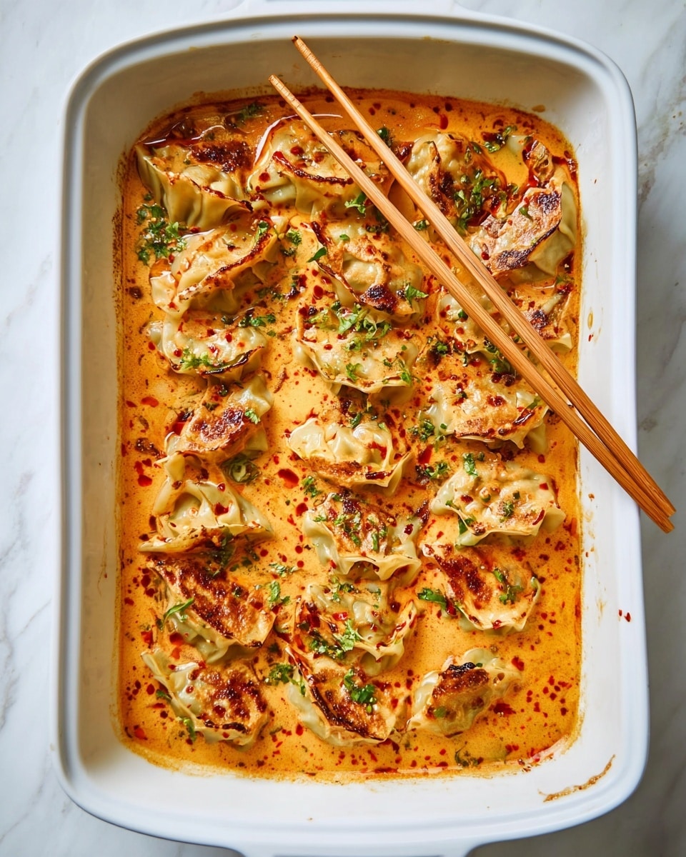 A white rectangular baking dish filled with two rows of dumplings covered in a rich, creamy orange sauce with red oil spots and chopped green herbs scattered on top. The dumplings have a slightly charred, golden-brown texture with crispy edges and a soft, folded shape. Two wooden chopsticks rest diagonally on the right side inside the dish, partly touching the sauce. The dish is set on a white marbled surface. photo taken with an iphone --ar 4:5 --v 7