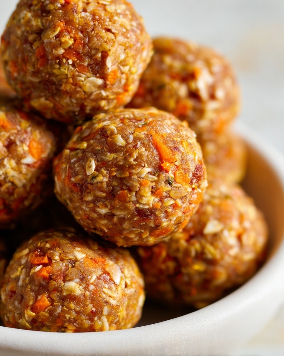 A close-up view of several round energy balls piled together in a white bowl, each ball showing a rough texture with visible oats and small bits of orange carrot mixed throughout. The balls have a mix of light brown and orange colors with a slightly sticky and chunky surface, highlighting the natural ingredients. The background is a white marbled texture, softly out of focus, giving a clean and bright look to the image. photo taken with an iphone --ar 4:5 --v 7