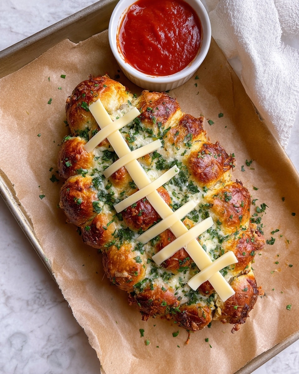 A baked pull-apart bread shaped like a football with small, round golden-brown dough balls connected together, topped with green chopped herbs and melted white cheese. Five thin, long strips of pale cheese are laid across the top in a crisscross pattern to look like football laces. The bread sits on brown parchment paper on a metal tray. At the top of the tray, there is a white ramekin filled with red marinara sauce. The surface underneath the tray is a white marbled texture with a white cloth napkin partially visible at the top right. Photo taken with an iphone --ar 4:5 --v 7