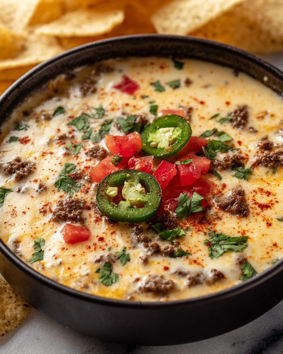 A close-up of a black bowl filled with creamy melted cheese dip that has a smooth, gooey texture with small chunks of browned ground meat mixed throughout. On the surface, there are scattered pieces of bright red diced tomatoes and fresh green jalapeño slices, with chopped cilantro leaves spread on top. A light sprinkling of reddish chili powder adds color contrast to the dip. In the background, slightly out of focus, some tortilla chips are placed upright around the bowl. The scene is set on a white marbled surface. photo taken with an iphone --ar 4:5 --v 7