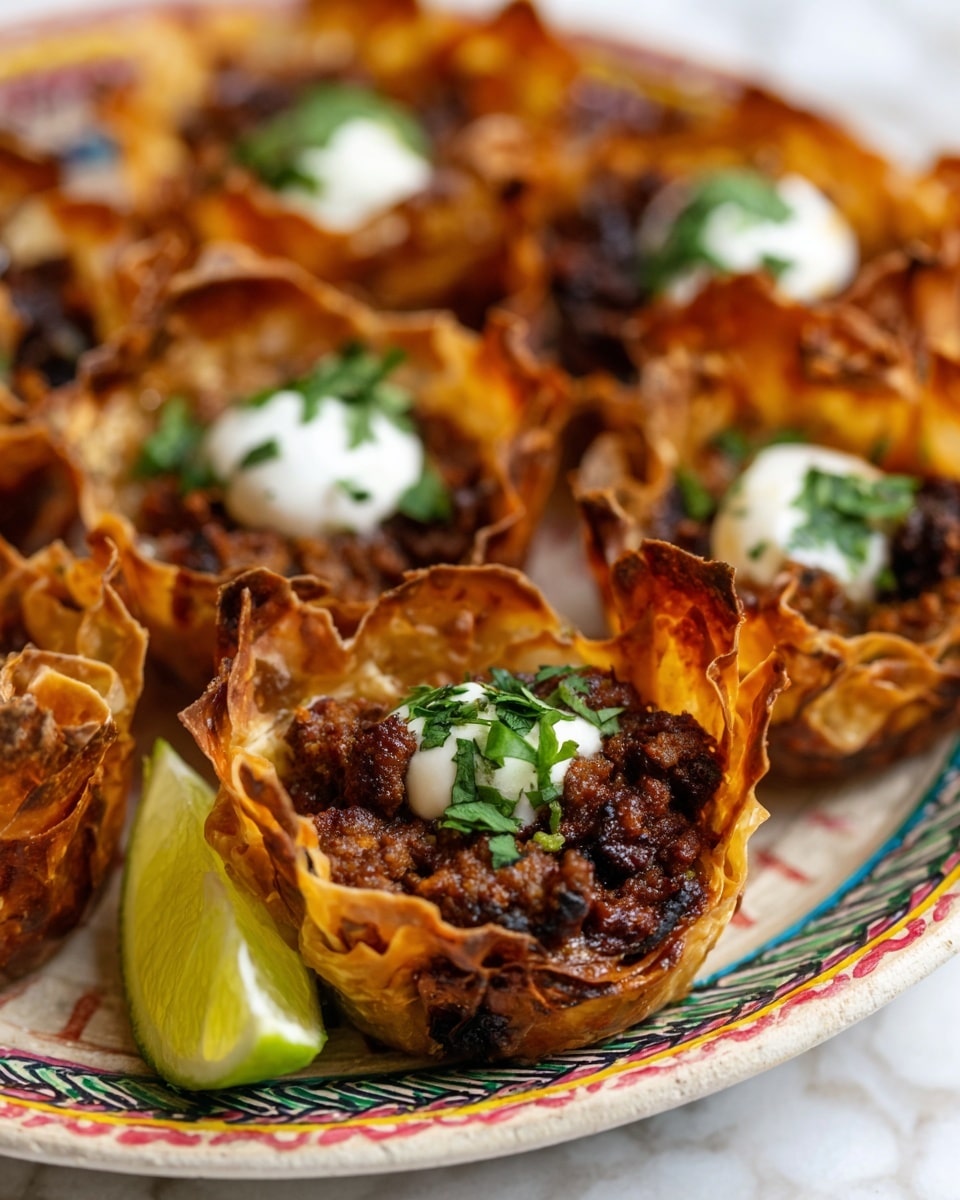 A close-up of several small cups made from crispy, golden-brown baked layers that look thin and flaky, holding a rich, dark brown cooked ground meat filling with a slightly charred texture. Some of the cups have a small dollop of white cream on top with a sprinkle of bright green chopped herbs. The cups are arranged closely together on a white plate with a colorful, patterned rim. A wedge of pale yellow lime is visible on the side. The setting is on a white marbled texture surface. photo taken with an iphone --ar 4:5 --v 7