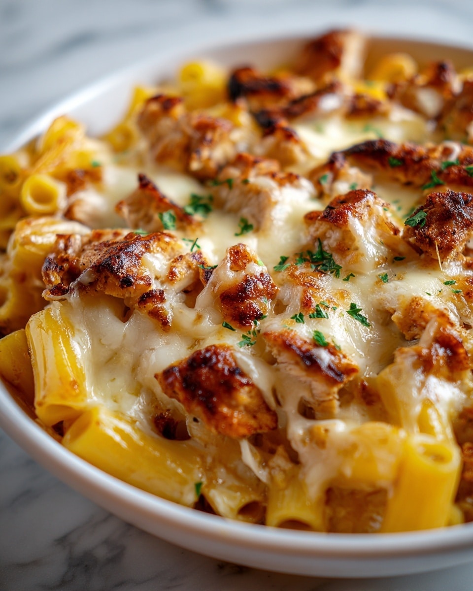 The image shows a close-up of a baked pasta dish with three visible layers. The bottom layer is yellow tubular pasta coated in a smooth sauce. The middle layer is made up of browned grilled chicken pieces with a crispy texture, covering most of the pasta. The top layer is melted cheese that is golden and bubbly with some spots browned from baking, sprinkled with small green parsley leaves. The dish is served in a white bowl placed on a white marbled surface. photo taken with an iphone --ar 4:5 --v 7