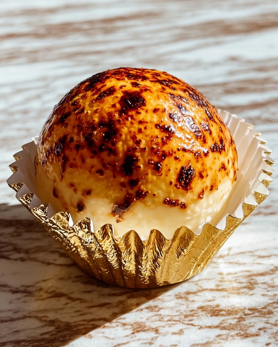 A round dessert ball with a smooth, light creamy base layer topped with a thick layer of caramelized golden brown and darkened spots, giving a toasted look, sits wrapped in a gold foil cup with white ruffled edges. The dessert is placed on a white marbled textured surface that highlights its shiny and slightly textured top. photo taken with an iphone --ar 4:5 --v 7