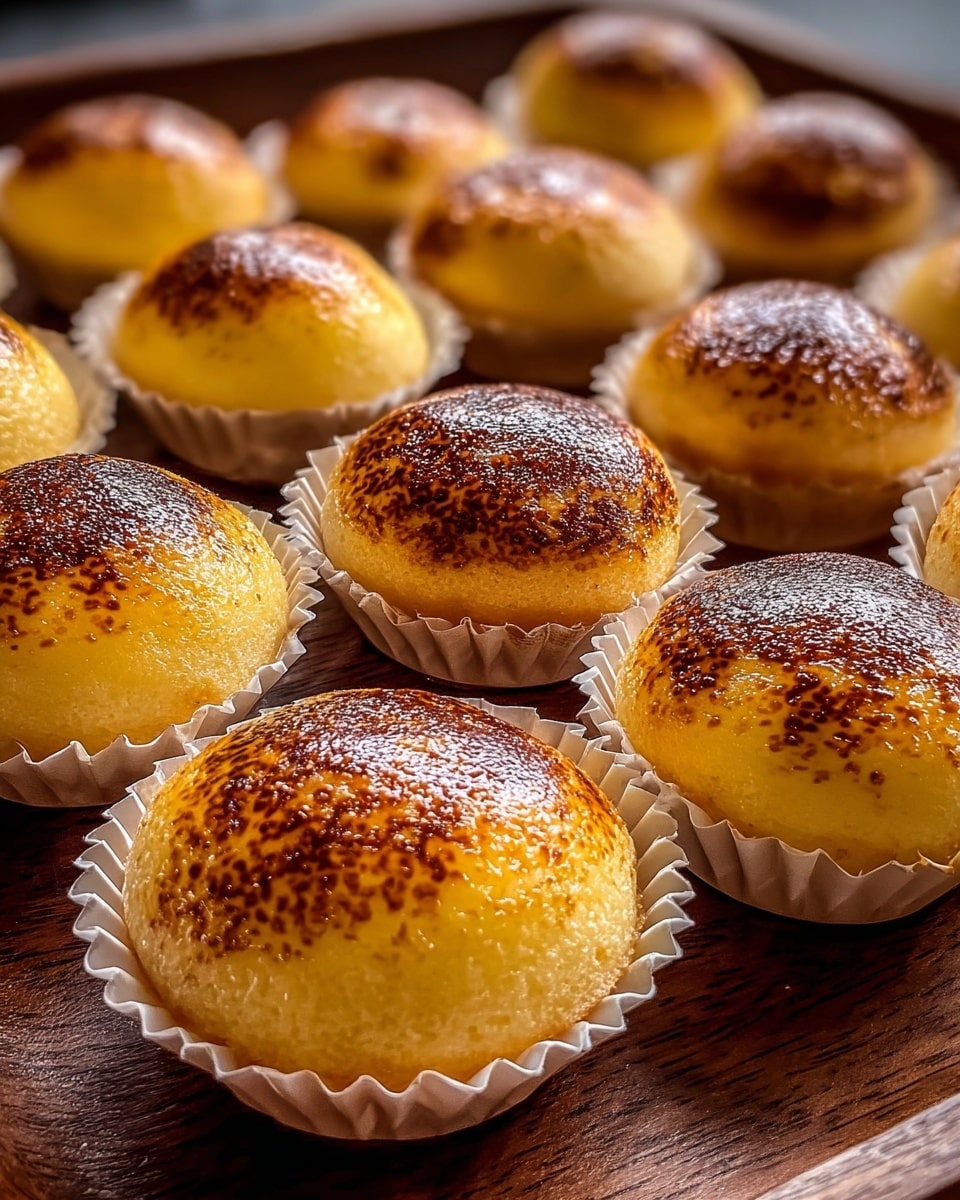 A close-up view of round golden brown baked pastries with a glossy, slightly speckled top layer that looks caramelized or toasted. Each pastry sits in a white paper cup with ruffled edges, arranged evenly on a dark wooden tray. The pastries have a smooth, shiny texture with varying shades of light yellow to deep golden brown on their surface, showing a rich baked finish. The background is blurred, focusing closely on the front row of the pastries with soft lighting highlighting their warm tones. photo taken with an iphone --ar 4:5 --v 7