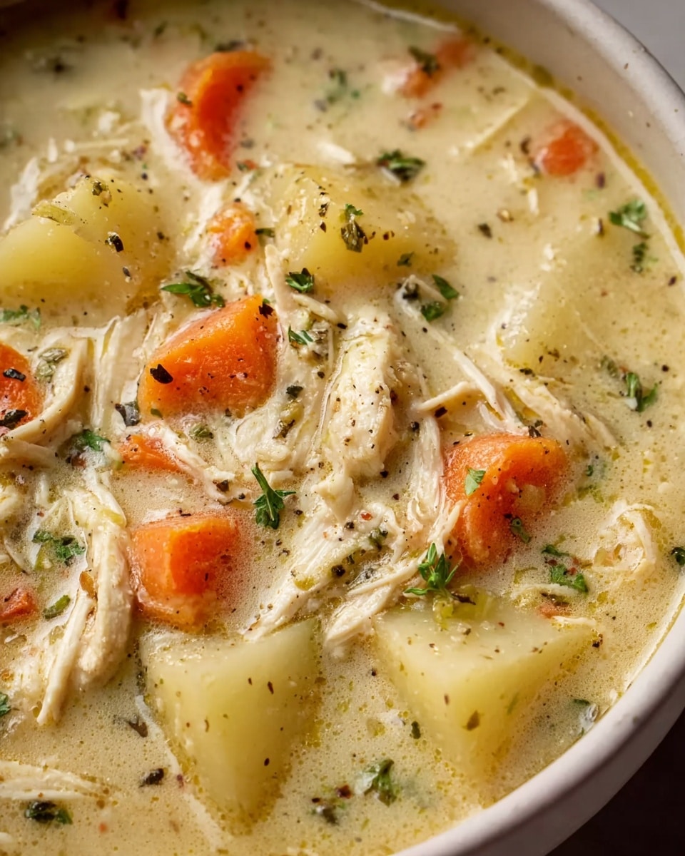 A close-up view of a creamy soup in a white bowl, showing three main layers: shredded white chicken pieces spread throughout the thick light beige broth, soft yellow potato chunks and bright orange carrot pieces scattered evenly, all topped with small green herb leaves and black pepper specks giving texture and color contrast. The soup looks rich and hearty with a smooth, slightly chunky consistency. Photo taken with an iphone --ar 4:5 --v 7