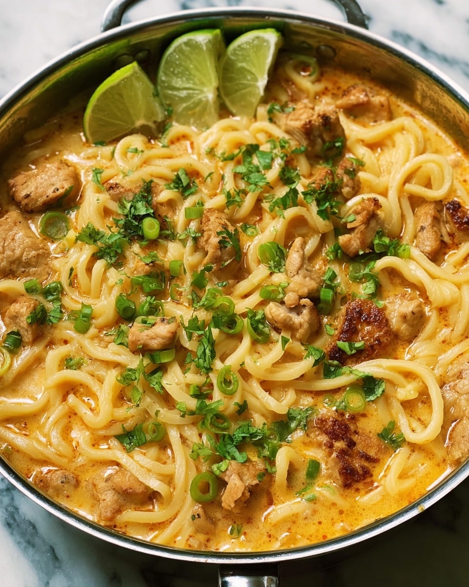 A close-up of a pan filled with a creamy orange soup base that covers thick, pale yellow noodles spread throughout. On top, there are several browned pieces of cooked chicken scattered evenly around. Bright green chopped scallions and fresh cilantro leaves are sprinkled lightly over the dish, adding color and texture. Three thin lime slices rest at the top edge of the pan, adding a fresh touch. The pan has a silver rim and is placed on a white marbled surface. photo taken with an iphone --ar 4:5 --v 7